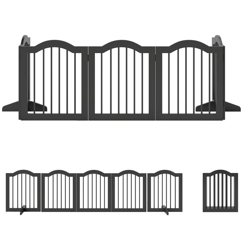 PawHut Freestanding Dog Gate Wooden Stair Gate for Dogs with Support Feet Foldable Pet Fence Safety Barrier for the House Doorway Stairs Black