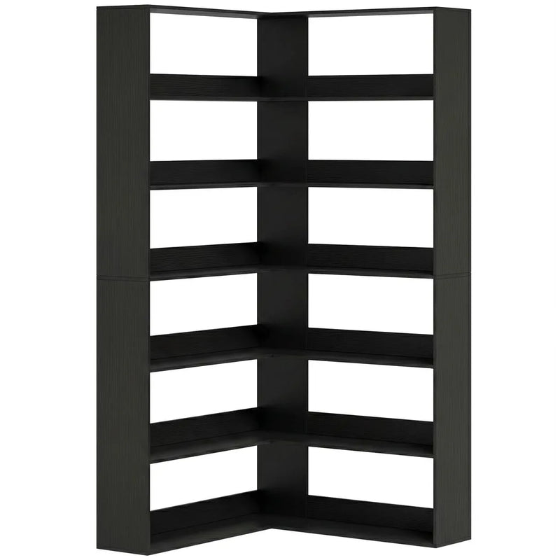 HOMCOM 7 Tiers Bookshelf, L-Shaped Corner Bookcase with Anti-Slip Rear Guard, Black Wood Effect