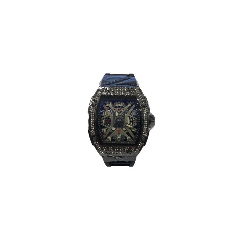 New Rubber Gents Black Bling Fashion Quartz Movement Skeleton Clear Dial Black Rubber Strap Watch