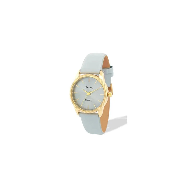 Ravel Ladies Fashion Round Golden Textured Case Dial with Grey Leather Strap Watch