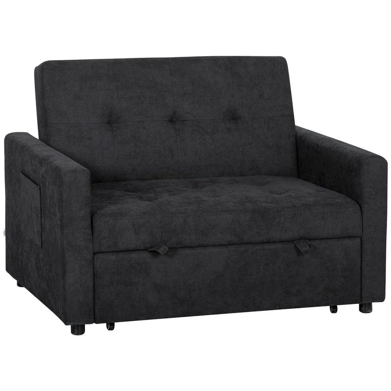 HOMCOM Loveseat Sofa Bed, Convertible Bed Settee with 2 Pillows, Side Pockets, Black