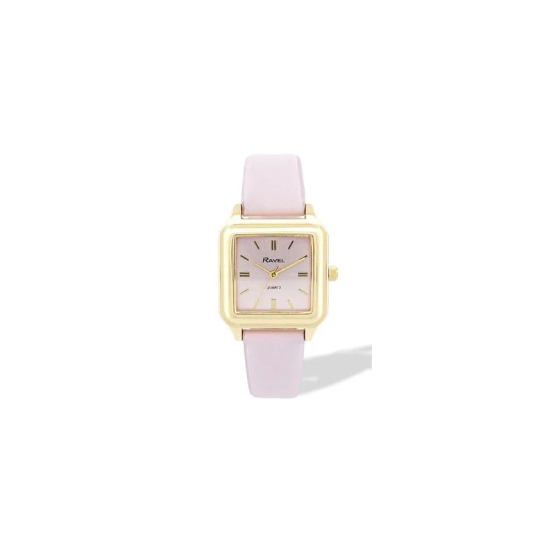 Ravel Ladies Fashion Summertime Square Gilt Case Dial with Pink Leather Strap Watch