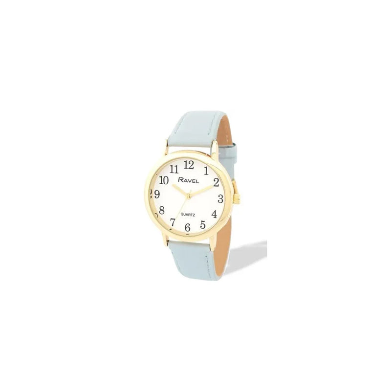 Ravel Ladies Basic Medium Gilt Case White Dial Light Blue Leather Strap Watch
