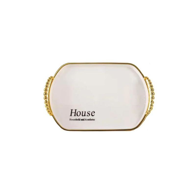 Oval Serving Tray With Gold Rim And Handles
