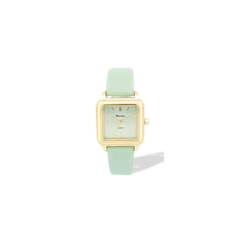 Ravel Ladies Fashion Summertime Square Gilt Case Dial with Green Leather Strap Watch