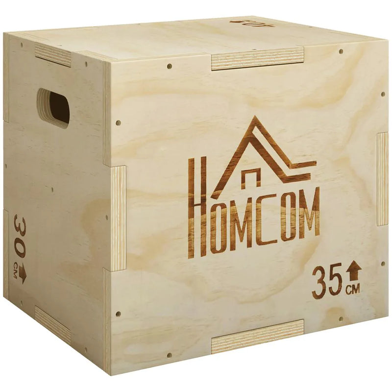 HOMCOM 3-in-1 Wooden Plyo Box, Plyometric Jump Box with Handle Openings for Home Gym, 12" x 14" x 16", Natural