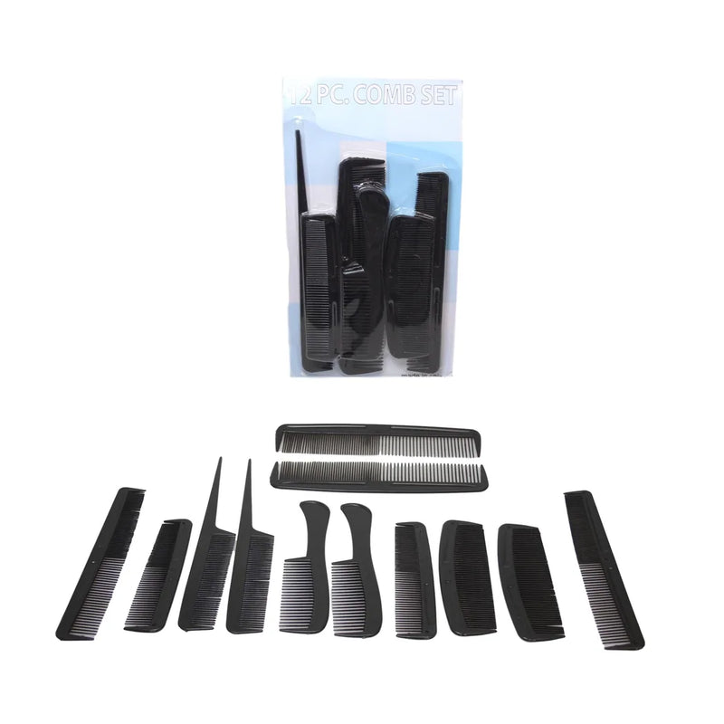 Black Plastic Hairdresser Barber Salon Comb Set Of 12 Assorted Combs