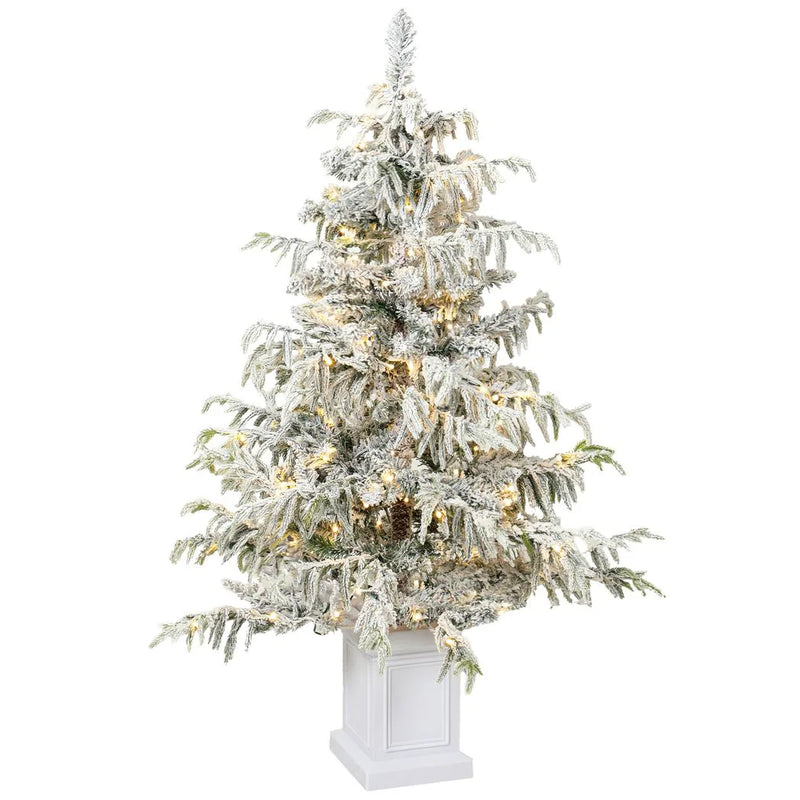 HOMCOM 4ft Prelit Flocked Christmas Tree, Artificial Snow Flocked Spruce with 160 Warm White LED Lights, 8 Modes, Green