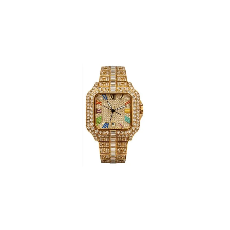 NY London Mens Fashion Bling Assorted Watch Dated Square Gold Dial Gold Bracelet Watch