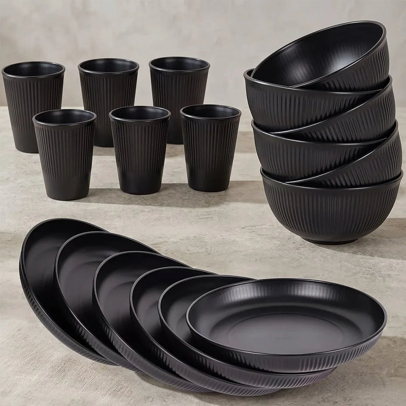 18PCS Round Dinner Set Wheat Straw Dining Plate Bowl Mug Unbreakable Dinnerware-Black