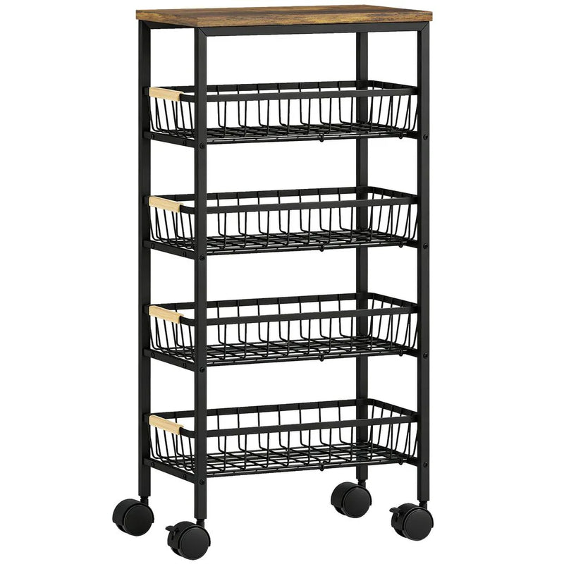 HOMCOM Metal Kitchen Trolley, 4-Tier Storage Trolley with Pull-Out Baskets and 4 Swivel Casters for Kitchen, Rustic Brown