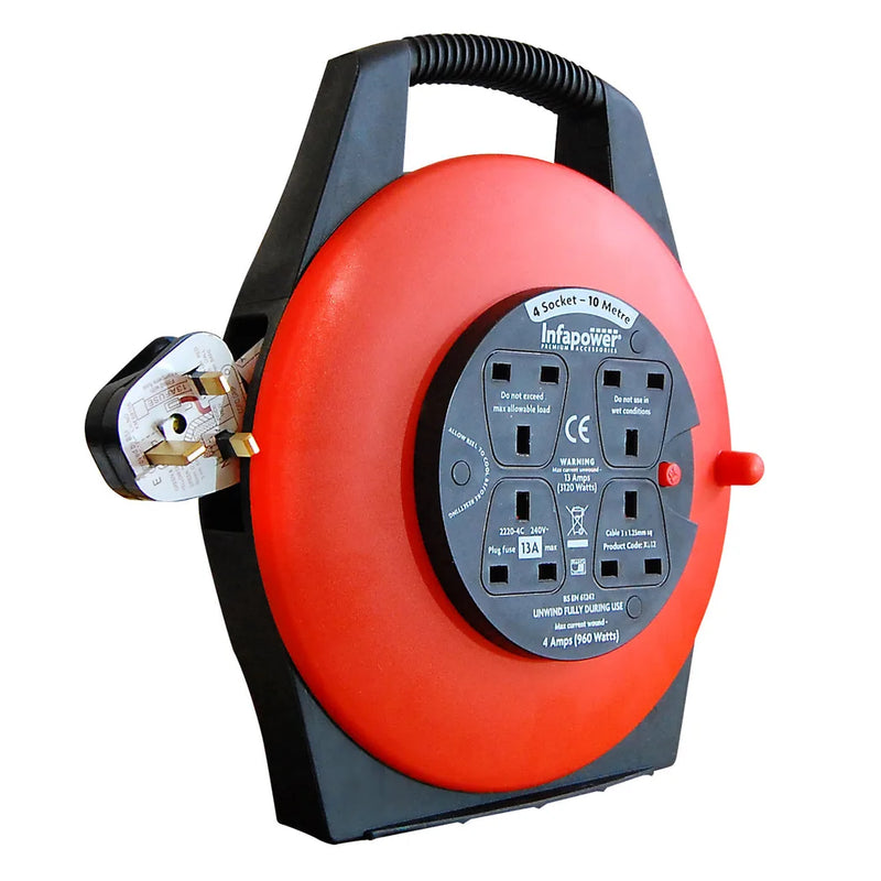 Infapower Cable E x tension Lead 4 Socket 13 Amp 10 Metre Semi Enclosed Drum