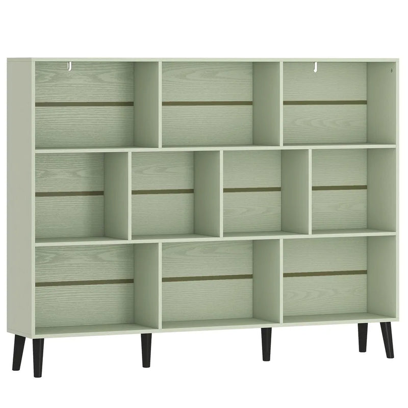 HOMCOM 10-Cube Bookcase, 3-Tier Book Shelf with Solid Wood Legs, 140 cm Modern Bookshelf with Anti-Tip Kit, Light Green