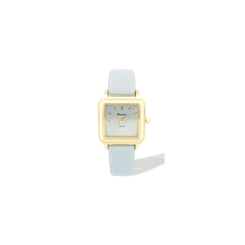 Ravel Ladies Fashion Summertime Square Gilt Case Dial with Light Blue Leather Strap Watch