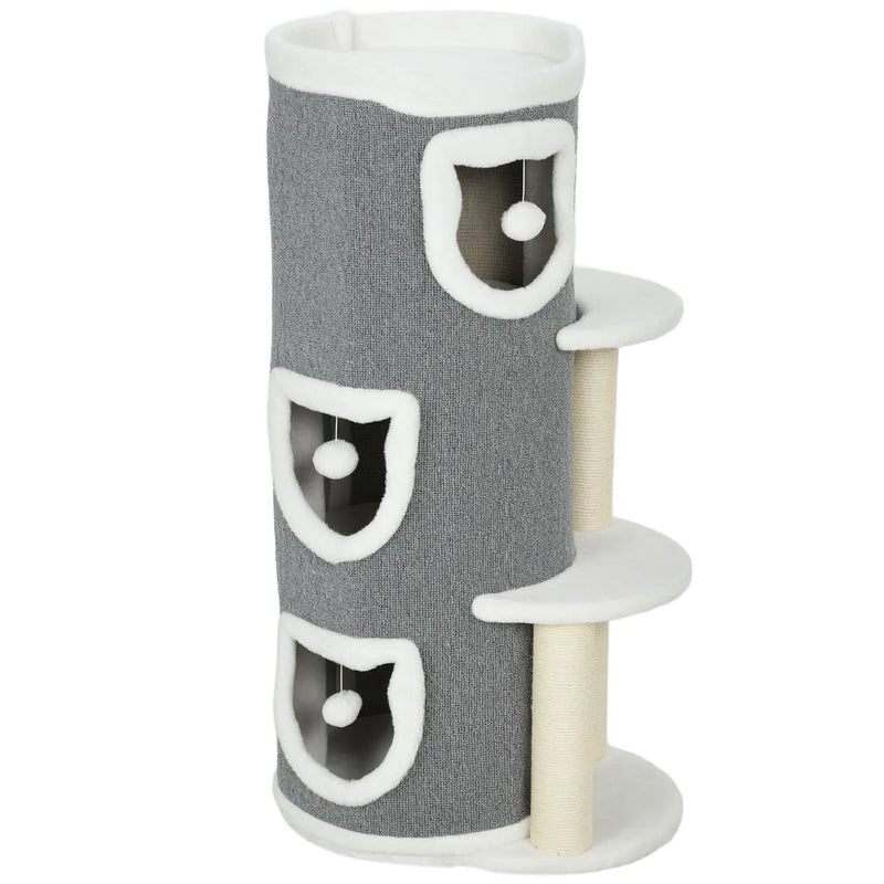 PawHut 101 cm Cat Tree with Sisal Scratching Posts, 3 Barrel Condos, 3 Platforms, for Indoor Cats to Rest and Play