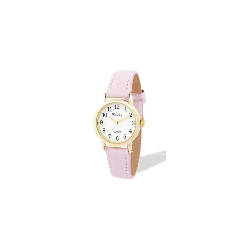 Ravel Ladies Basic Small Gilt Case White Dial Pink Leather Strap Watch