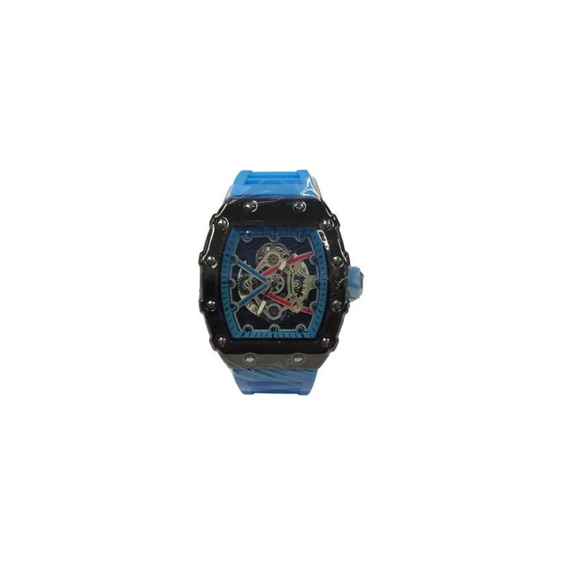New Rubber Gents Black Screw Fashion Quartz Movement Dated Skeleton Clear Dial Blue Rubber Strap Watch