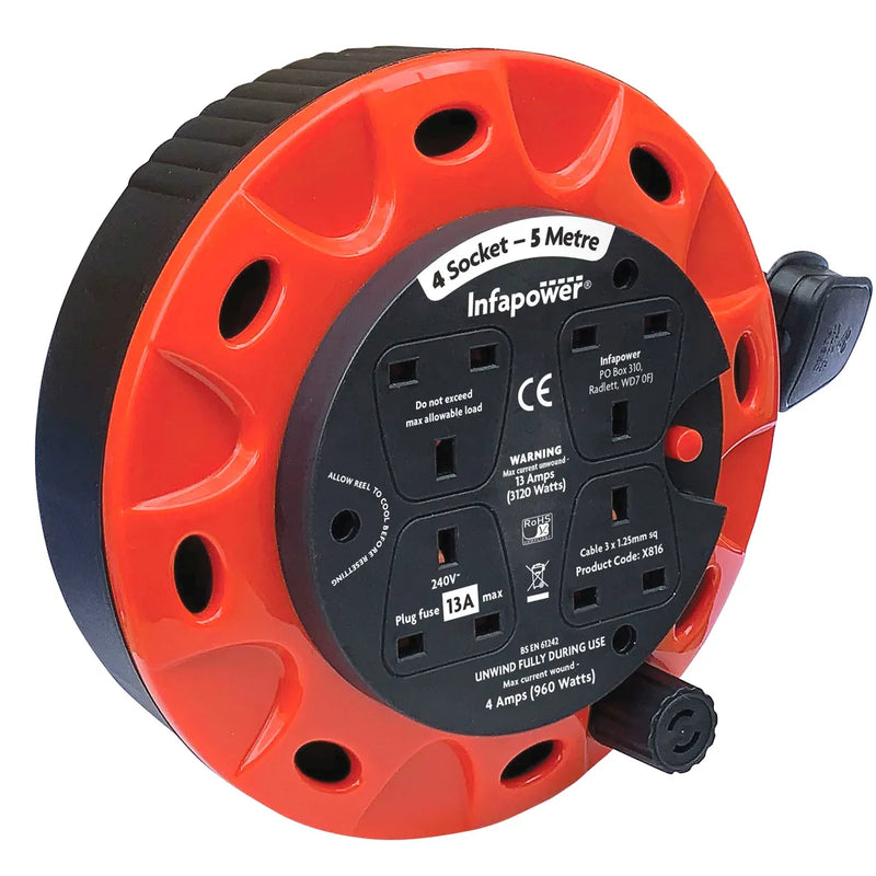 Infapower Cable E x tension Lead 4 Socket 13 Amp 5 Metre Drum