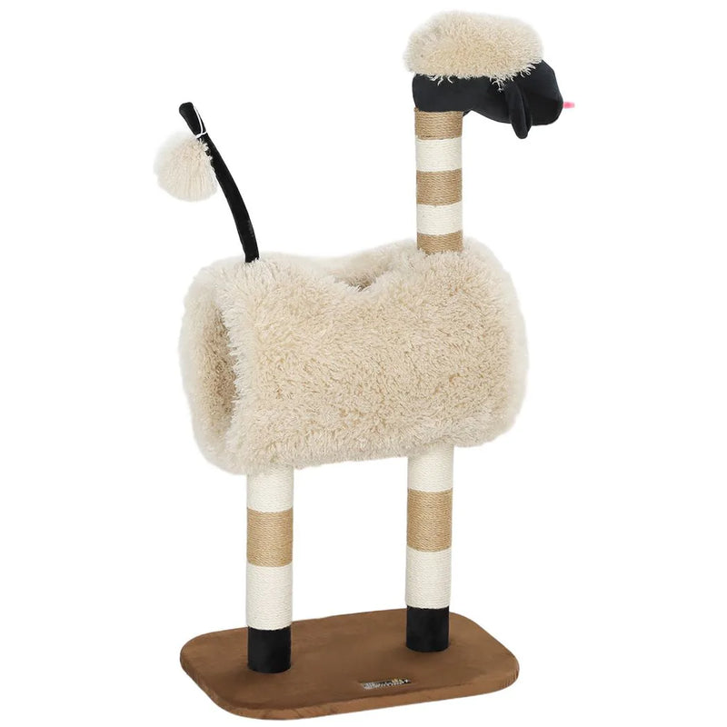 PawHut Cat Tree Sheep Design, 98 cm Multi-Level Cat Tower with Scratching Posts, Tunnel & Play Ball, Light Brown