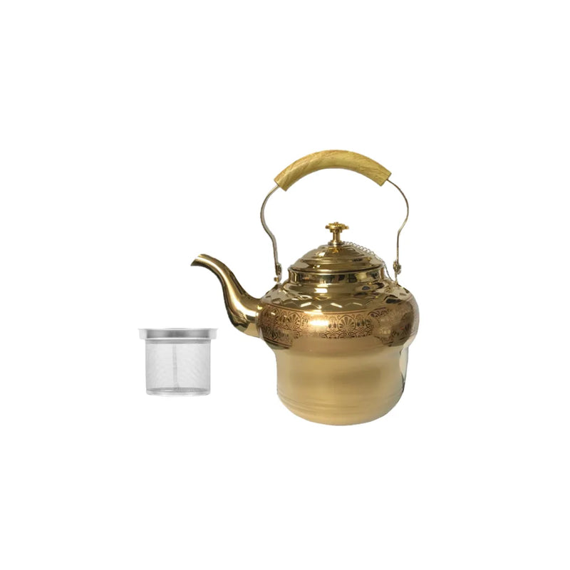 Stainless Steel Gold Coloured Tea Pot With Metal Mesh Filter Strainer And Wooden Grip 2L