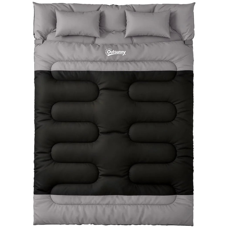 Outsunny Double Sleeping Bag with 2 Pillows, 220 x 160 cm Extra-Large Sleeping Bag for Adults, Black and Grey