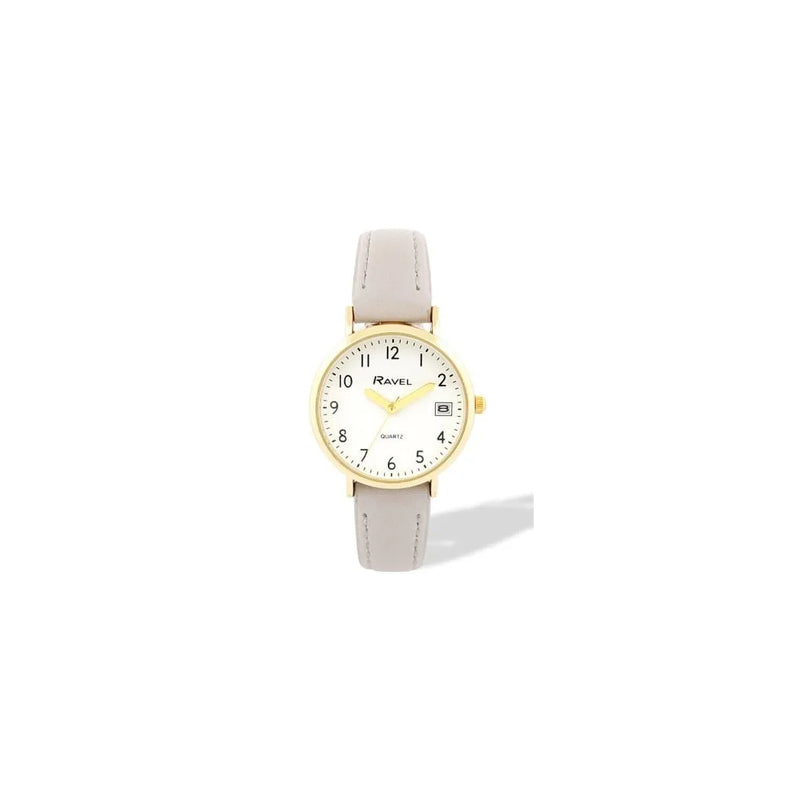 Ravel Ladies Basic Golden case Dated White Dial With Grey Faux Leather Strap Watch