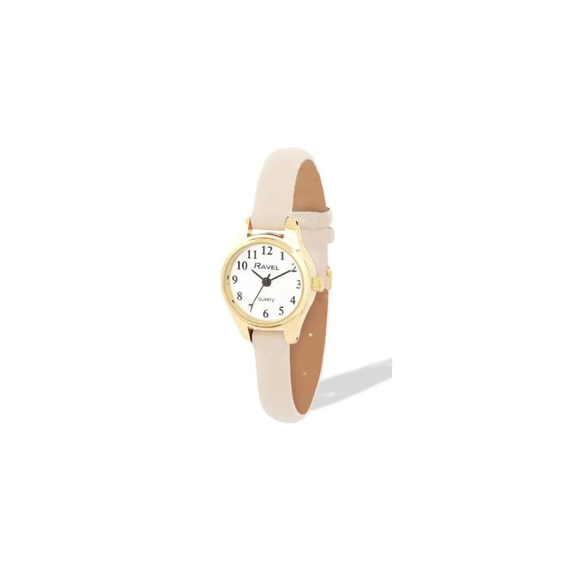 Ravel Ladies Round Petite Gilt Case Clear Numeral with Beige Leather Strap Watch