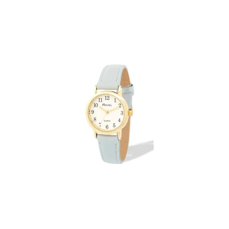 Ravel Ladies Basic Small Gilt Case White Dial Light Blue Leather Strap Watch