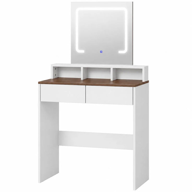 HOMCOM Vanity Table, Dressing Table with Mirror, LED Lights, 2 Drawers, 3 Compartments, 3 Colour Lighting, Walnut