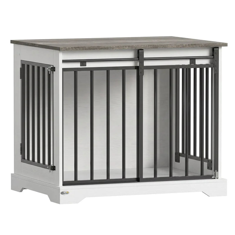 PawHut 80 cm Dog Crate Furniture with Sliding Barn Door for Medium Dogs, White