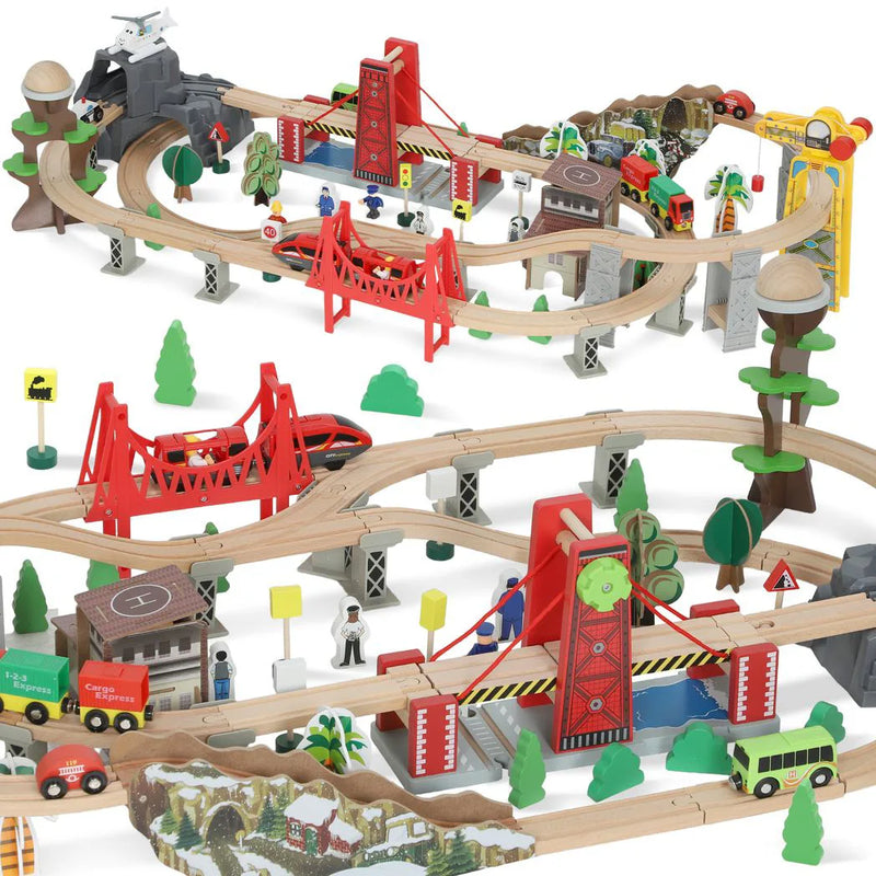 AIYAPLAY 100 Piece Wooden Train Set for Kids 3 Years with Track, Crane, Battery Operated Train