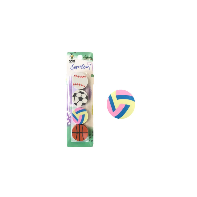 Round Erasers Rubbers Sports Ball Design Pack Of 4 Assorted Designs
