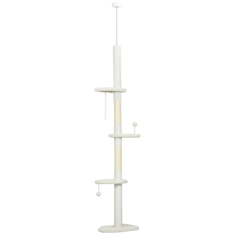 PawHut 225-255 cm Adjustable Cat Climbing Tower with Sisal Scratching Posts, 2 Hanging Play Balls and Anti-Tip Strap, Beige
