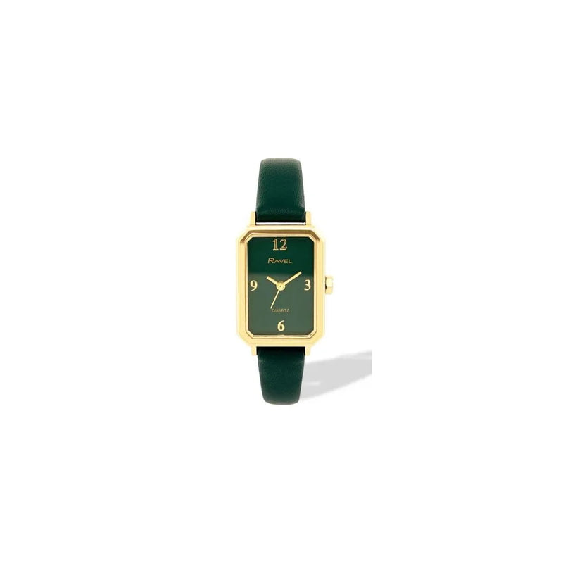 Ravel Ladies Fashion Rectangular Gilt Case Dial with Green Leather Strap Watch