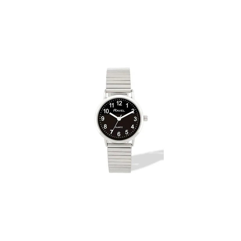 Ravel Ladies Basic Everyday Black Dial Silver Stainless Steel Expander Bracelet Watch