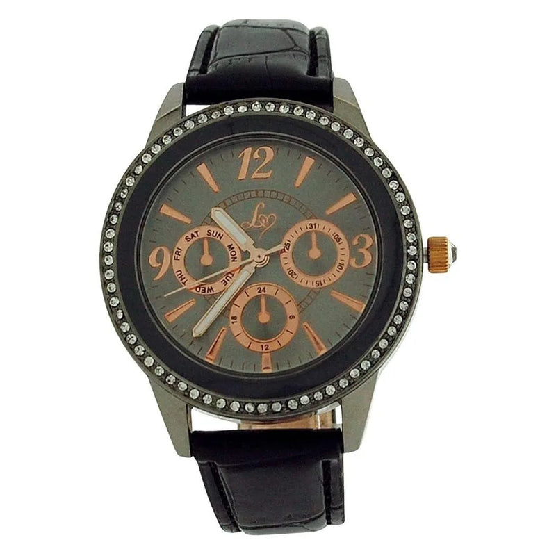 Lipsy London Ladies Bling Bezel Chrono Effect Dial Black Leather Strap Watch LP284 - CLEARANCE NEEDS RE-BATTERY
