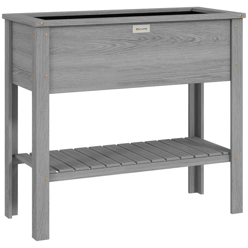Outsunny Wooden Raised Garden Bed, Elevated Planter Box with Storage Shelf and Drainage Holes, Raised Planter with Legs, Grey