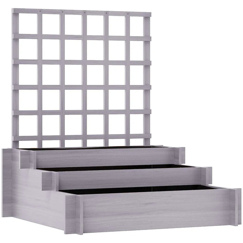 Outsunny 3 Tier Garden Planters with Trellis for Vine Climbing, Wooden Raised Beds, 95x95x110cm, Grey