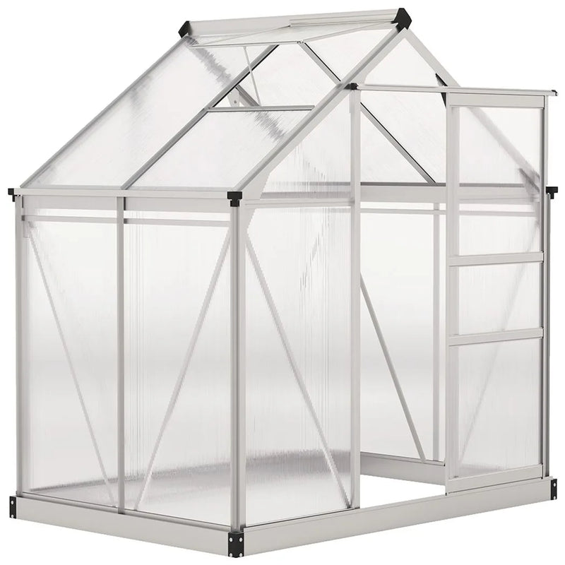 Outsunny Polycarbonate Greenhouse, Large Walk-In Green House with Slide Door and Window, Aluminium Frame, 6x4ft, Silver Tone
