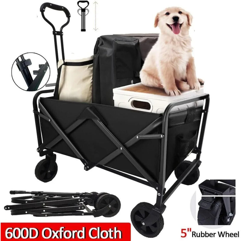 NEW 5" Rubber Wheel Heavy Duty Foldable Garden Trolley Cart Wagon for Camping Garden UK-black