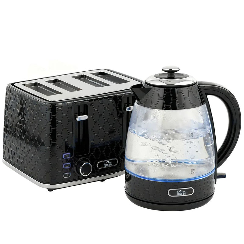 HOMCOM Kettle and Toaster Set, 1.7L 3000W Rapid Kettle with Strix Thermostat, 4 Slice Toaster with 7 Browning Controls, Black