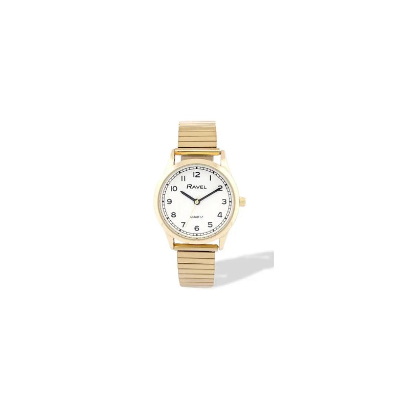 Ravel Ladies Basic Easy Read Minute Track on White Dial Golden Stainless Steel Expander Bracelet Watch