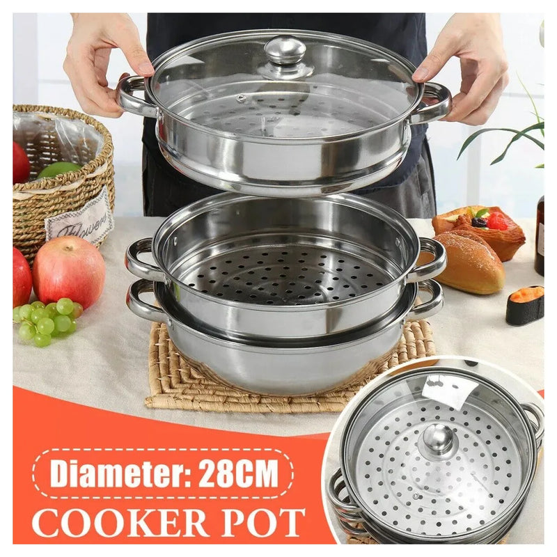 LARGE 28cm 3 Tier Stainless Steel Steam Cooker Steamer Pan Cook Food Veg Pot lid