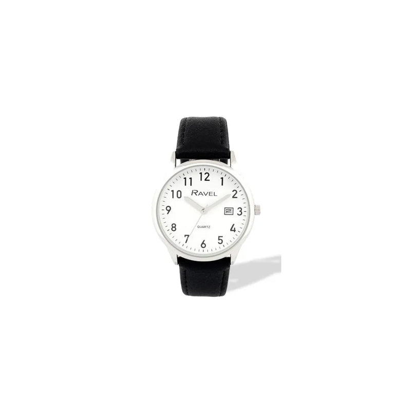 Ravel Mens Basic Silver case Dated White Dial With Black Faux Leather Strap Watch