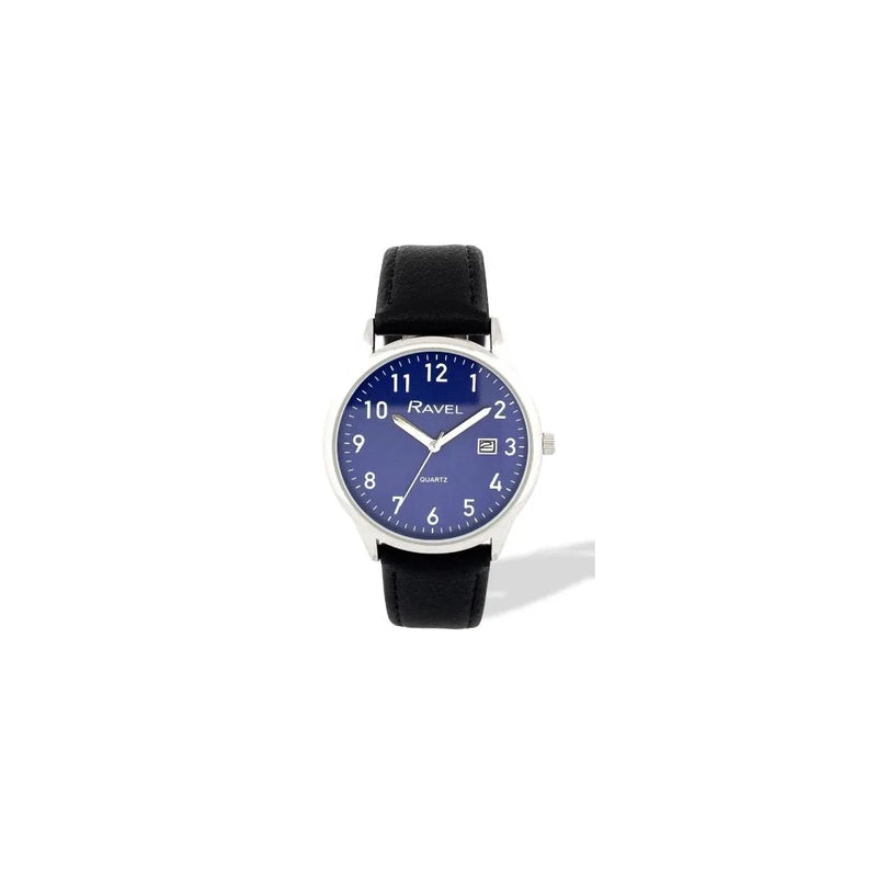 Ravel Mens Basic Silver case Dated Blue Dial With Black Faux Leather Strap Watch
