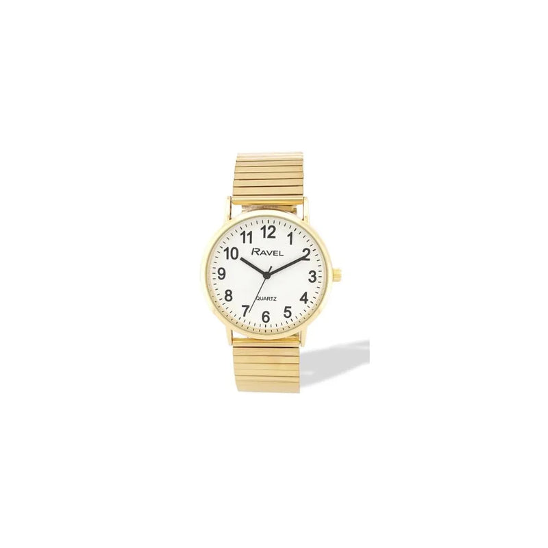 Ravel Mens Basic Everyday White Dial Golden Stainless Steel Expander Bracelet Watch