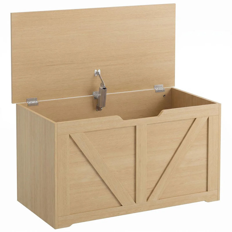 HOMCOM 100L Home Storage Box, with Safety Hinge - Nature Wood Finish