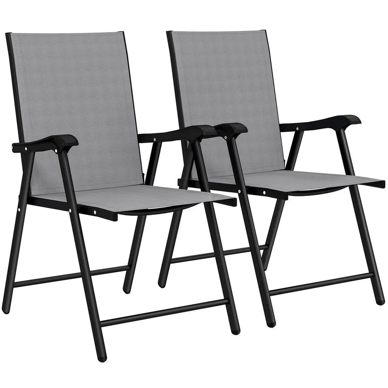 Outsunny Folding Garden Chairs Set of 2, Foldable Garden Dining Chairs with High Back, Armrests, Texteline Seat, Light Grey