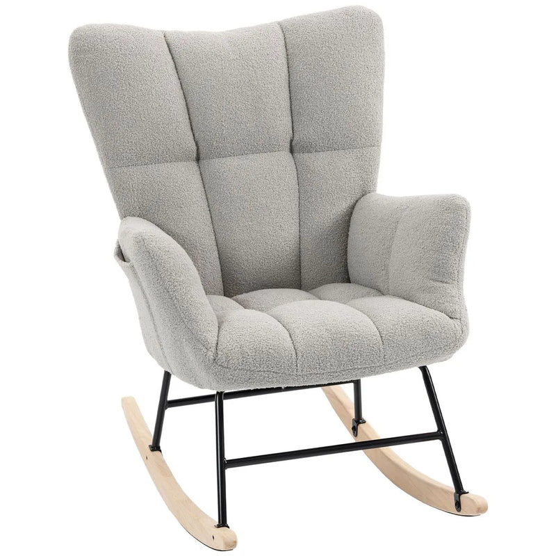 HOMCOM Rocking Chair, Teddy Fleece Rocker Chair with Tufted Wingback, Side Pockets, Rubber Wood Legs, Light Grey