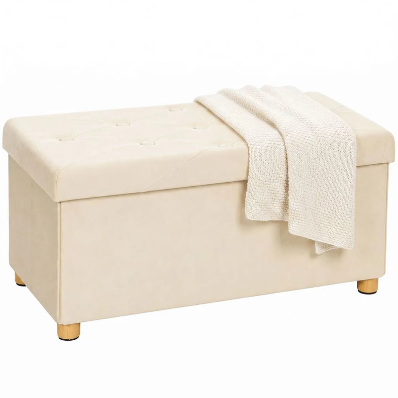 HOMCOM Velvet Upholstered Foldable Ottoman Footrest, Storage Ottoman Bench with Wood Legs for Living Room, Cream White